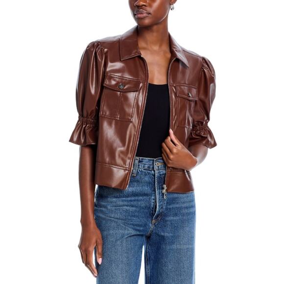 Cinq à Sept Women Espresso Vegan Leather Luxury Short Puff Sleeve Jacket Size XS